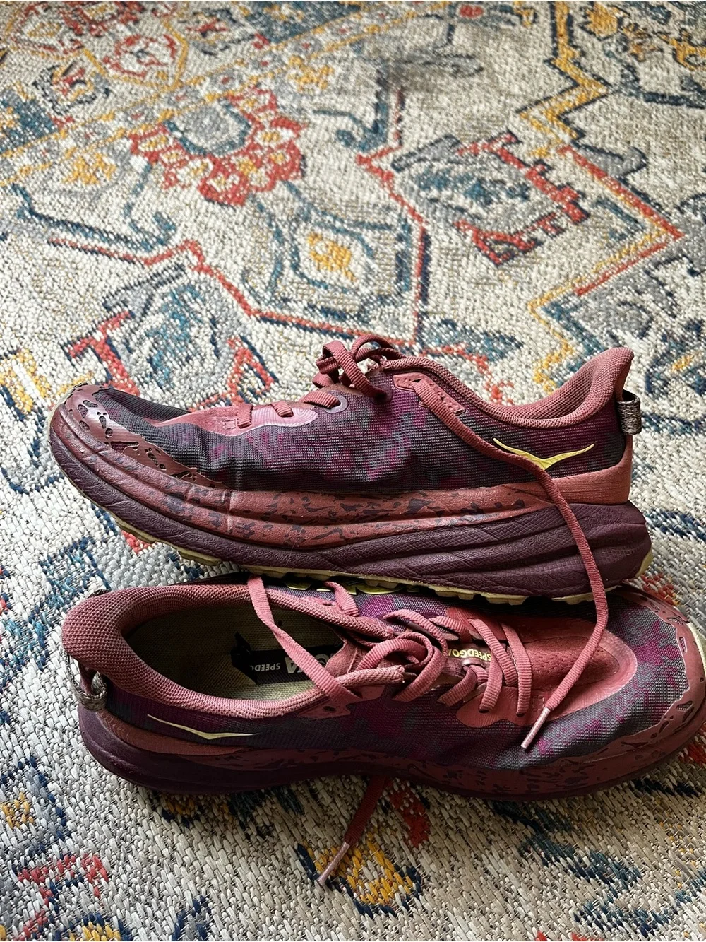Hoka Speedgoat 6 Women's Burgundy and Yellow Athletic Running Shoes Size 8.5